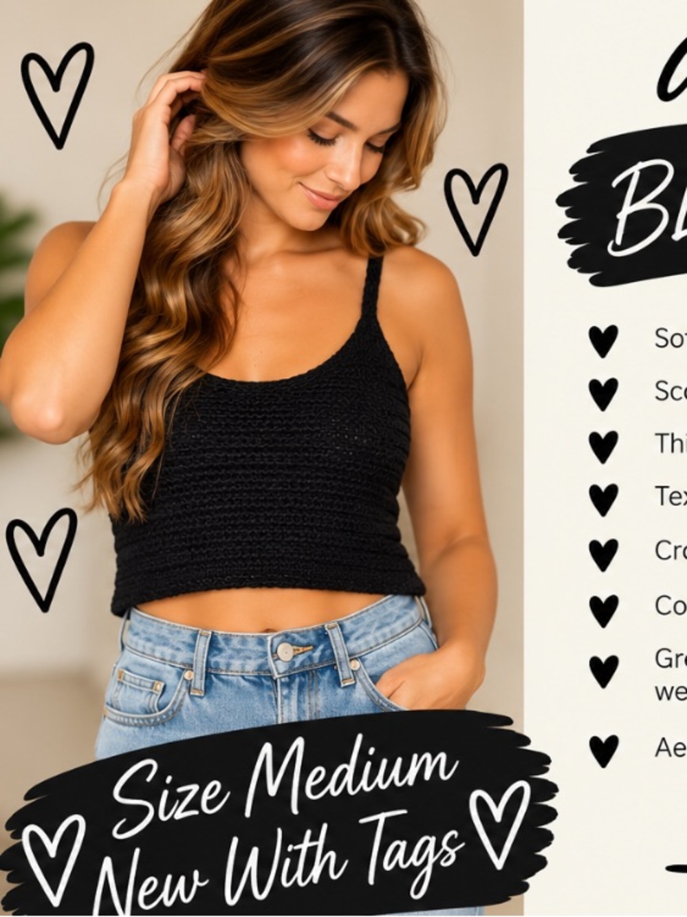 Aerie Black Crochet Knit Cropped Tank Top Women’s Medium NWT